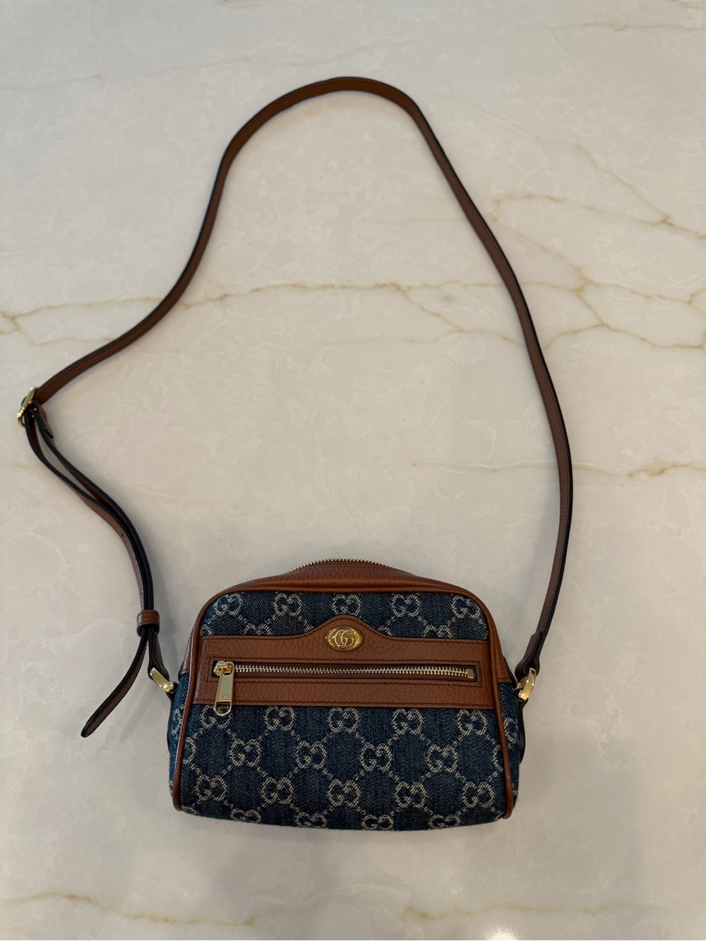 Gucci Blue Denim GG Jacquard with Brown Leather Crossbody